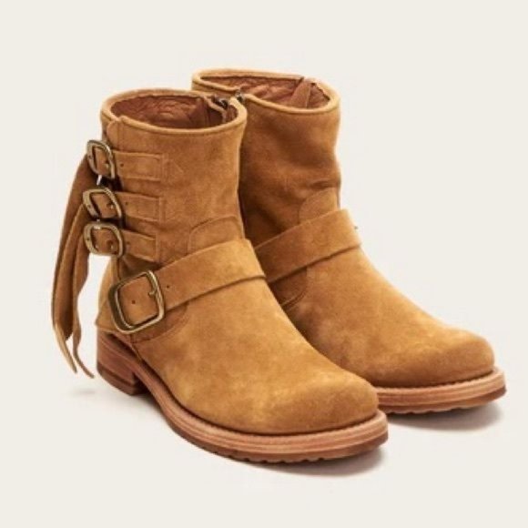 FRYE | Veronica Buckle Strap Suede Short Ankle Biker Moto Boots in ‘Brandy’ - Picture 2 of 13
